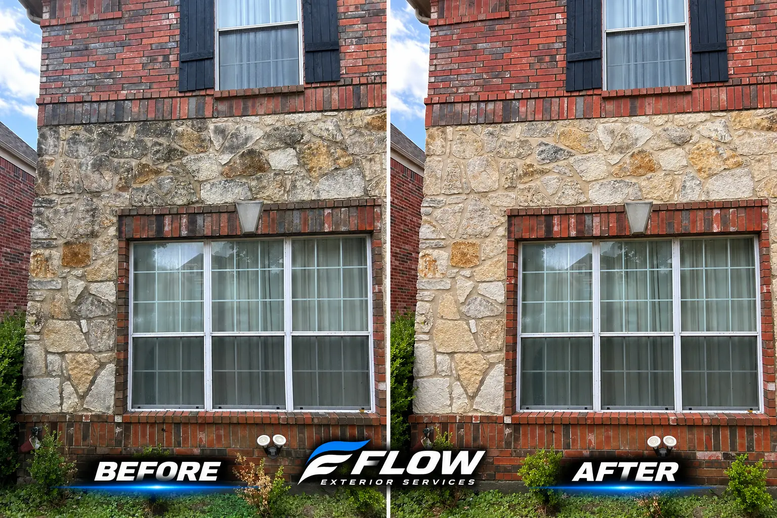 Before and after views of a stone and brick house exterior washed by FLOW Exterior Services