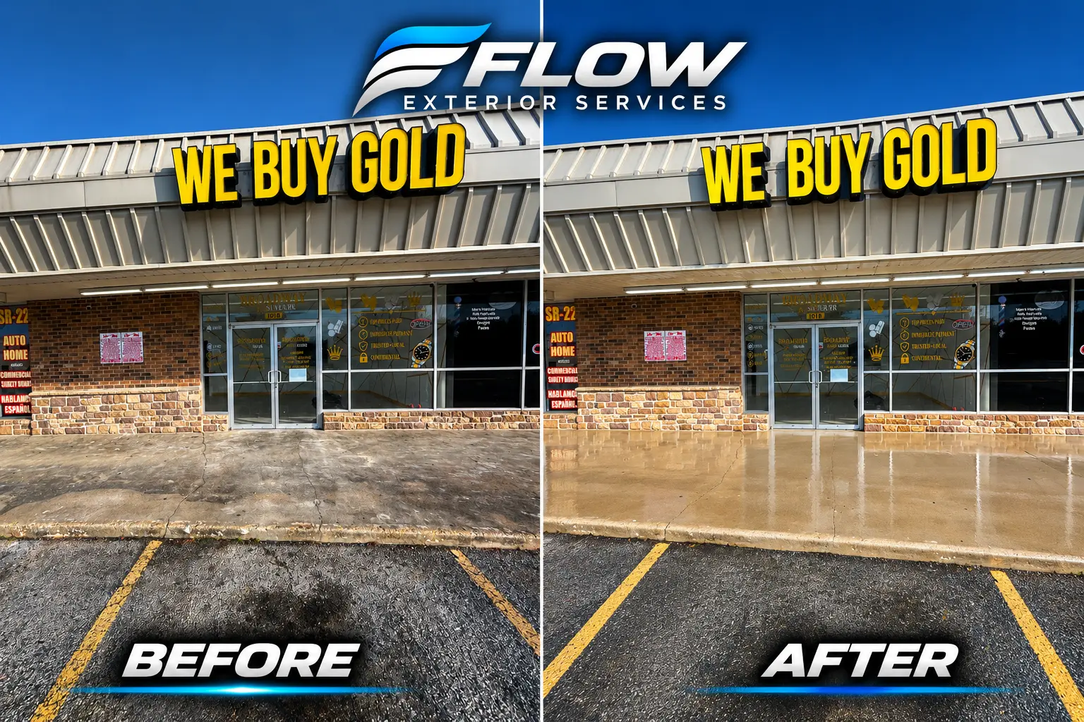 Before and after views of a retail storefront cleaned by FLOW Exterior Services