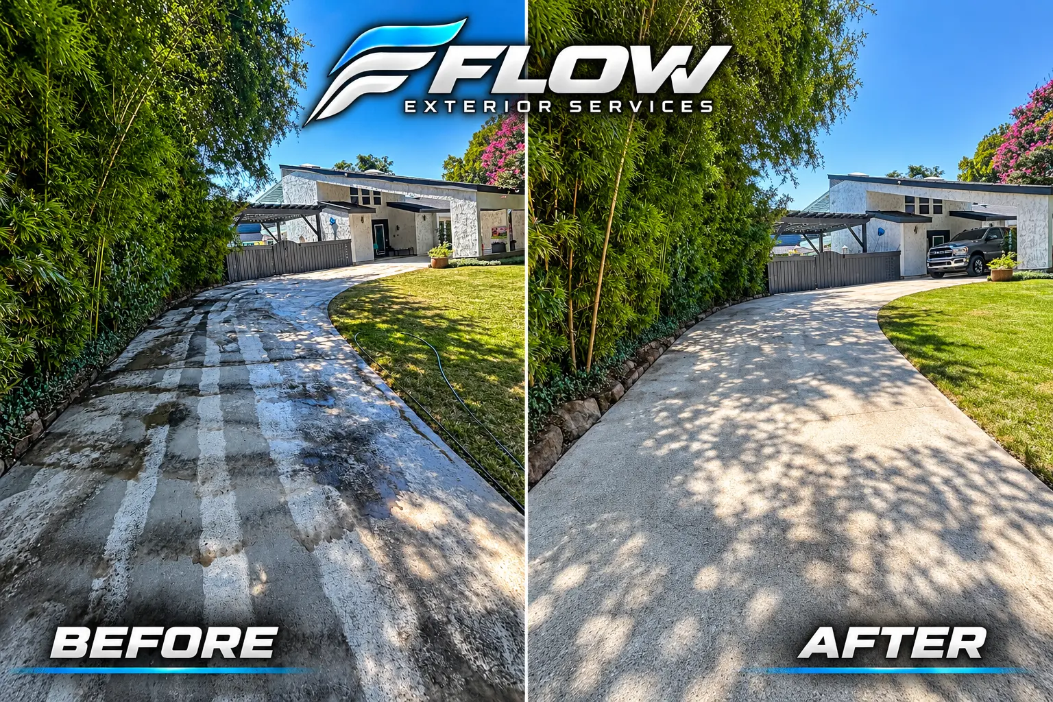 Before and after views of a curved residential driveway cleaned by FLOW Exterior Services
