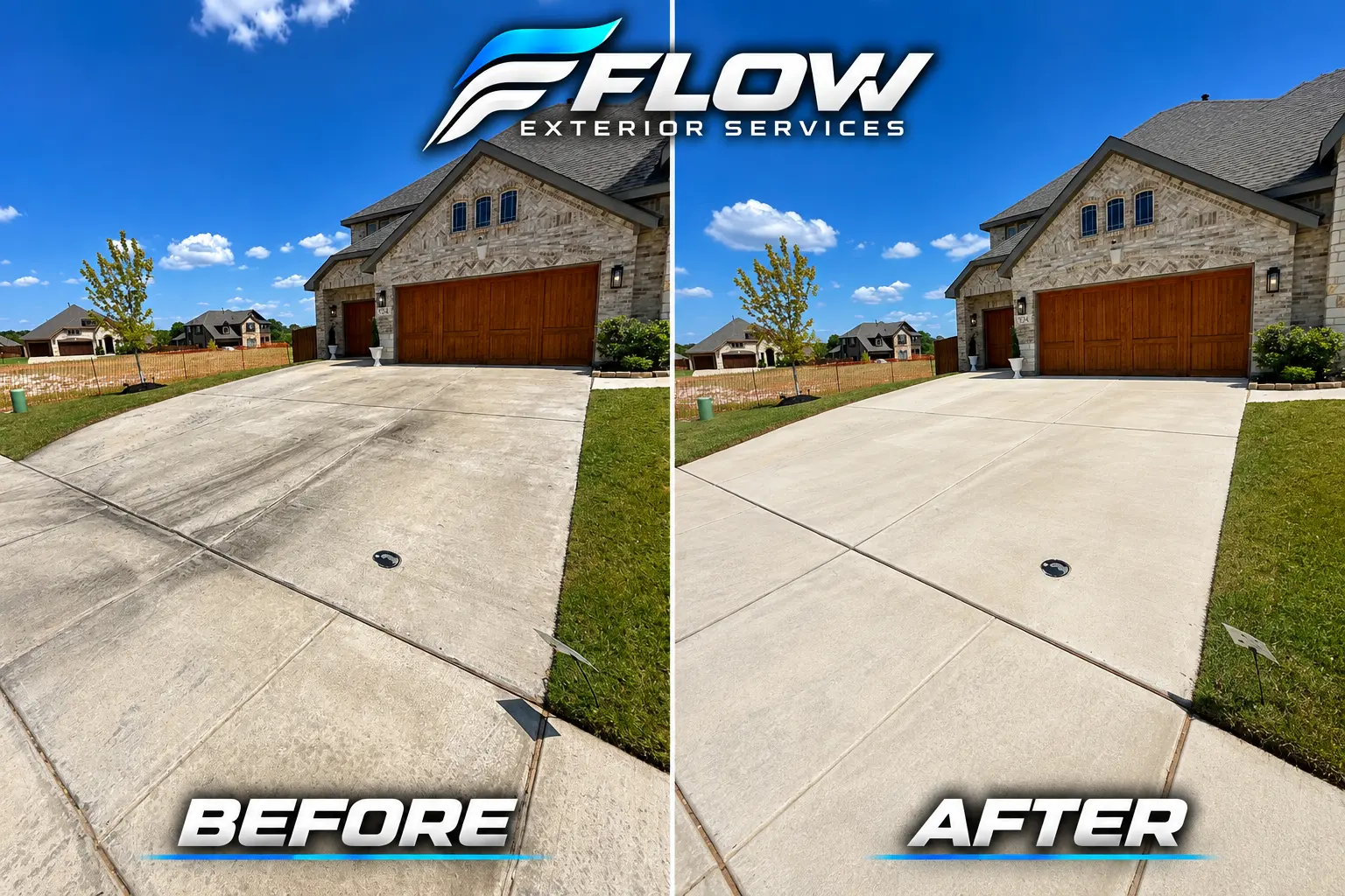 Real driveway before and after cleaning completed by FLOW Exterior Services