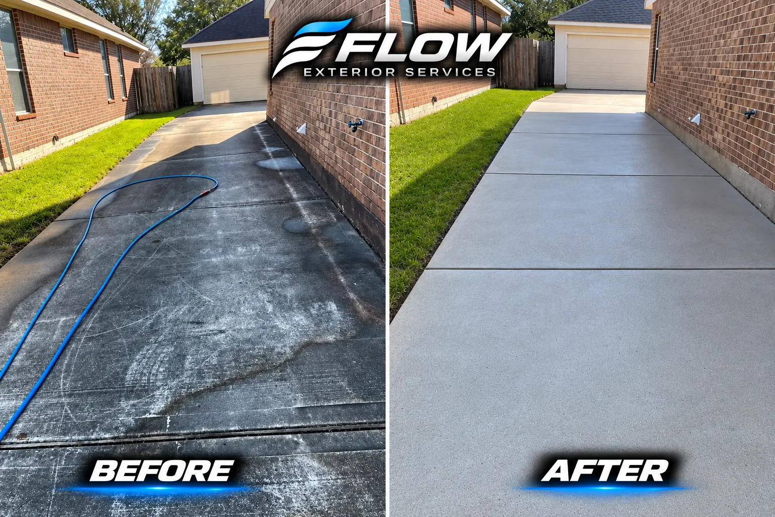 Before and after views of a residential side driveway cleaned by FLOW Exterior Services