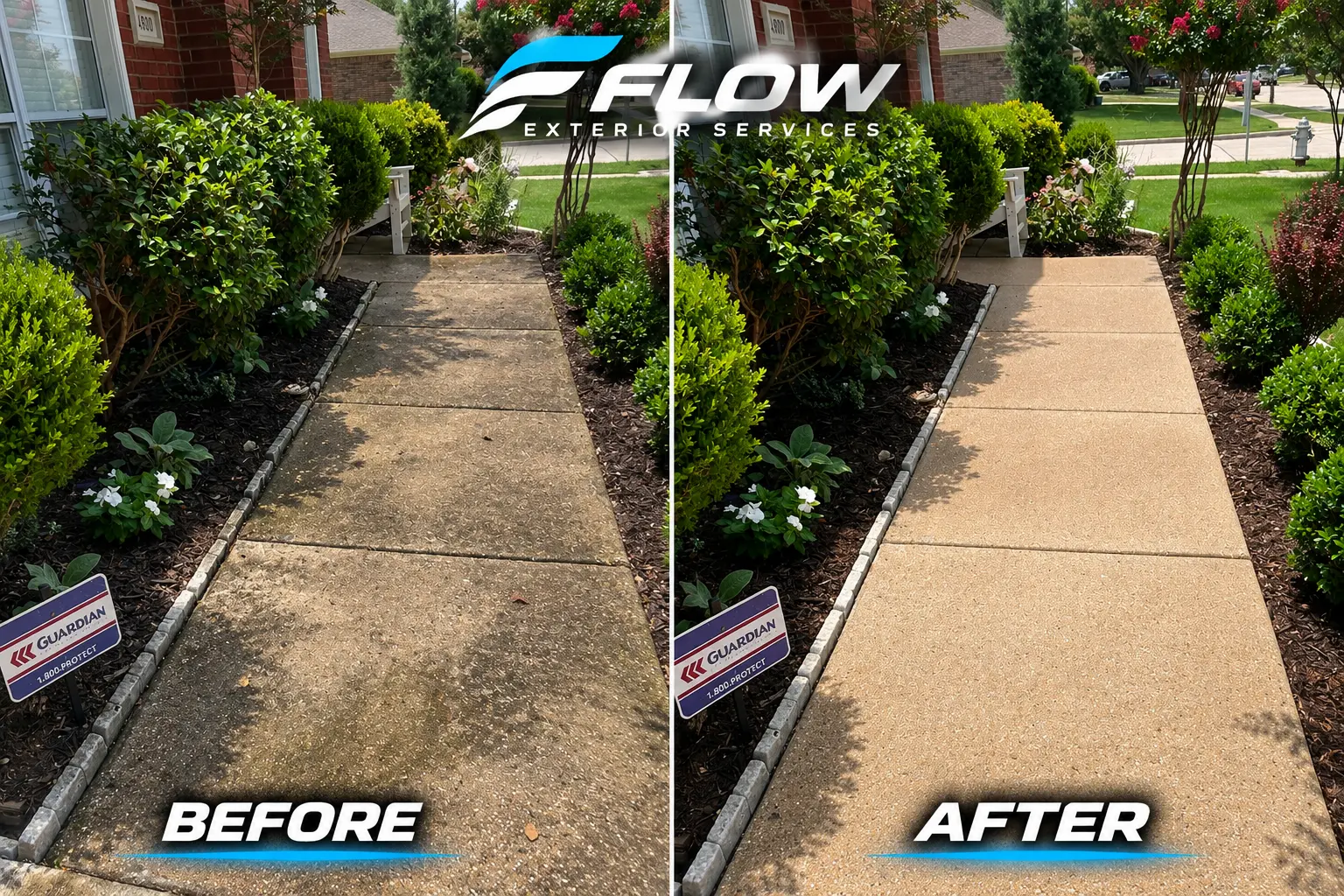 Before and after views of a managed-property walkway cleaned by FLOW Exterior Services