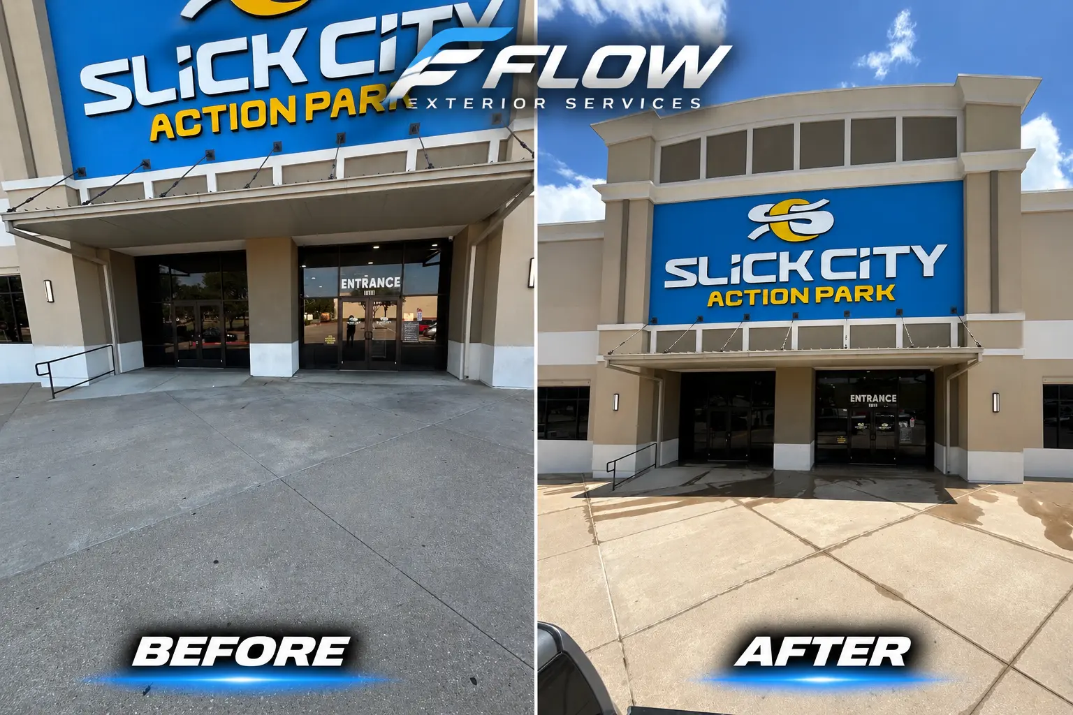 Before and after views of a commercial entrance cleaned by FLOW Exterior Services