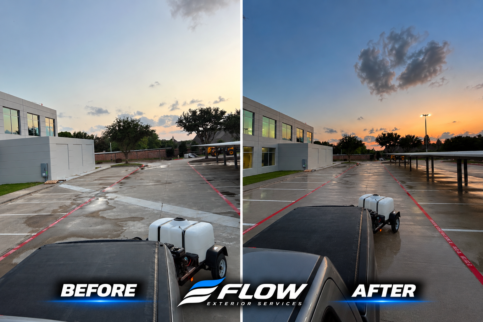 Before and after views of a commercial parking area cleaned by FLOW Exterior Services